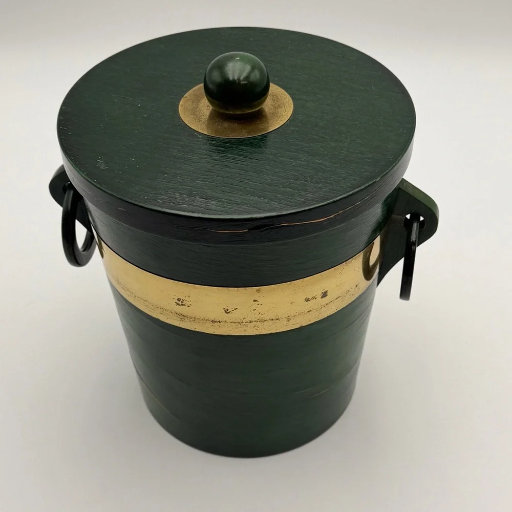 Vintage Ice Bucket Mid Century Modern Green with Gold Trim Plastic Liner